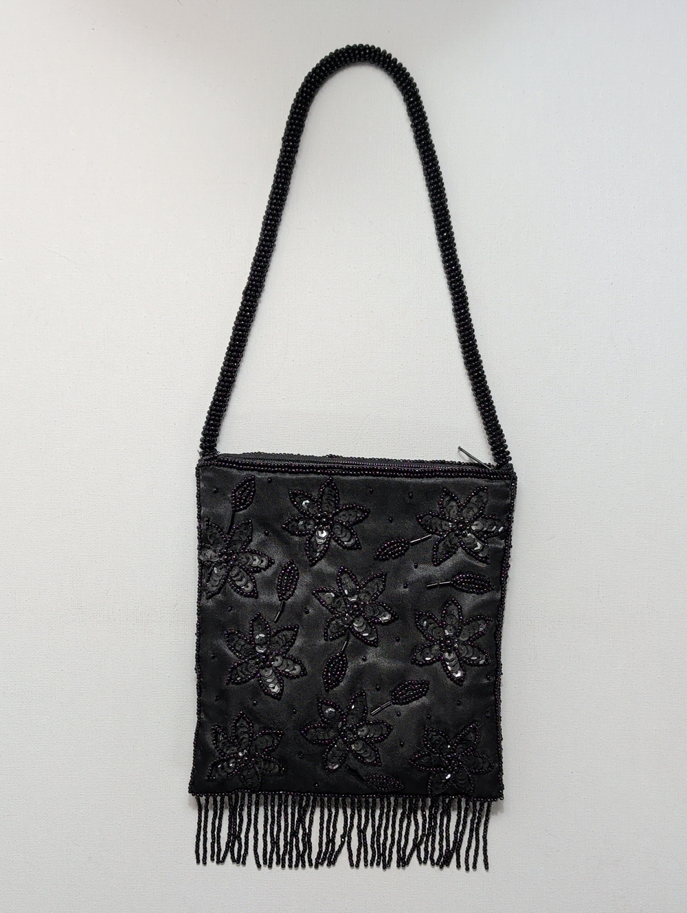 Vintage Black Beaded Floral Mini Evening Bag with Fringe